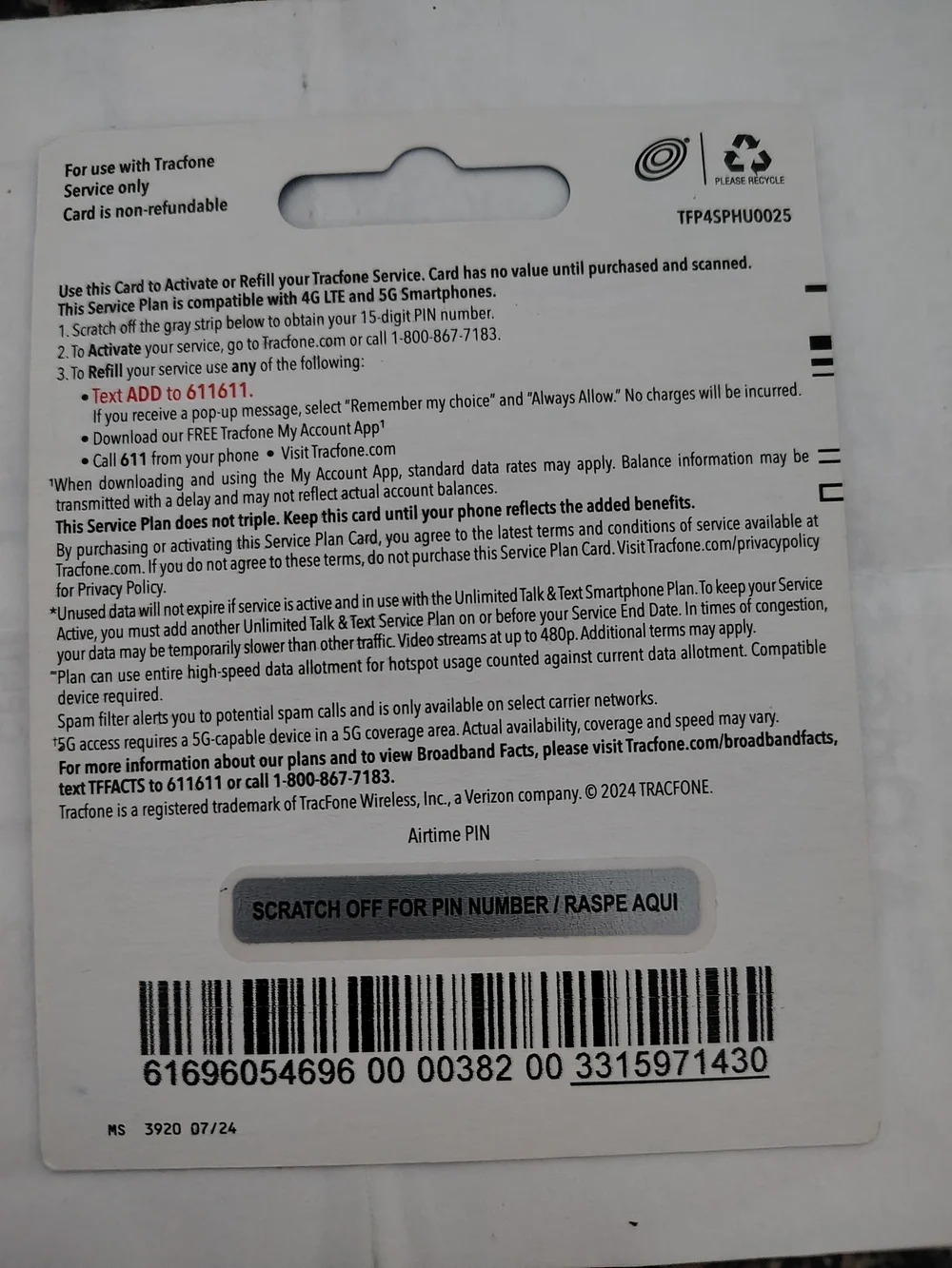 TracFone Unlimited Talk & Text + 6GB Smartphone Card